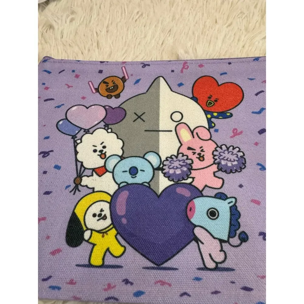 Purple BT21 pencil/make up pouch cartoon characters and hearts K-pop keychain